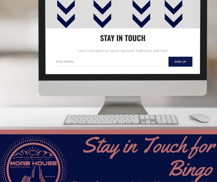 Computer screen showing a signup form to stay in touch with Moab House events.