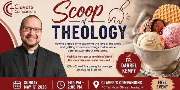Promotional banner for a theology event featuring Fr. Darrell Kempf and ice cream theme.