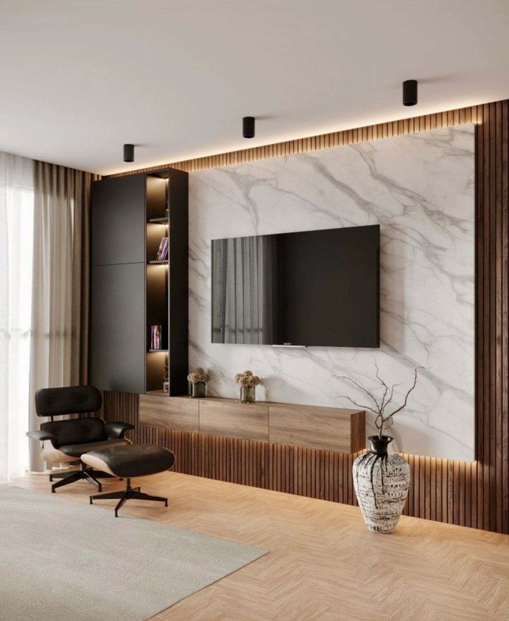 Modern living room with marble wall, wooden accents, and a black lounge chair with ottoman.