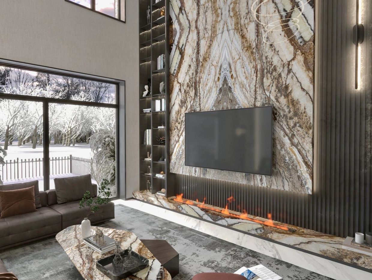Luxurious modern living room with marble accents and a sleek fireplace.