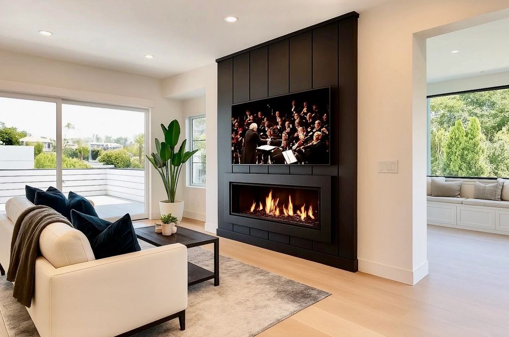 Modern home theater with fireplace buildout and ambient lighting.