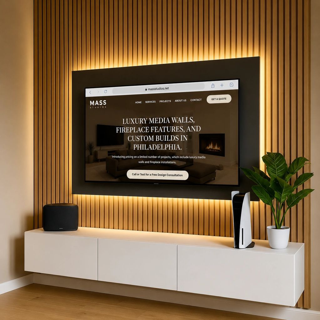 Modern media wall with ambient lighting, a gaming console, speaker, and a potted plant on a white cabinet.