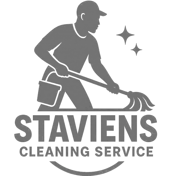Logo showing a cleaner mopping with text 'Staviens Cleaning Service'.