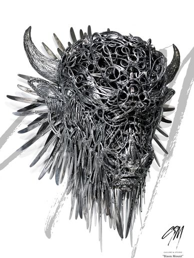 Forged metal bison, front right view, highlighting curved horns, angular build, and raw texture.