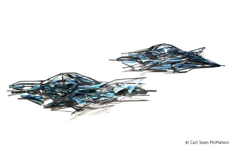 Coastal B.C. sculptural painting with bluish hues and separate forms representing islands