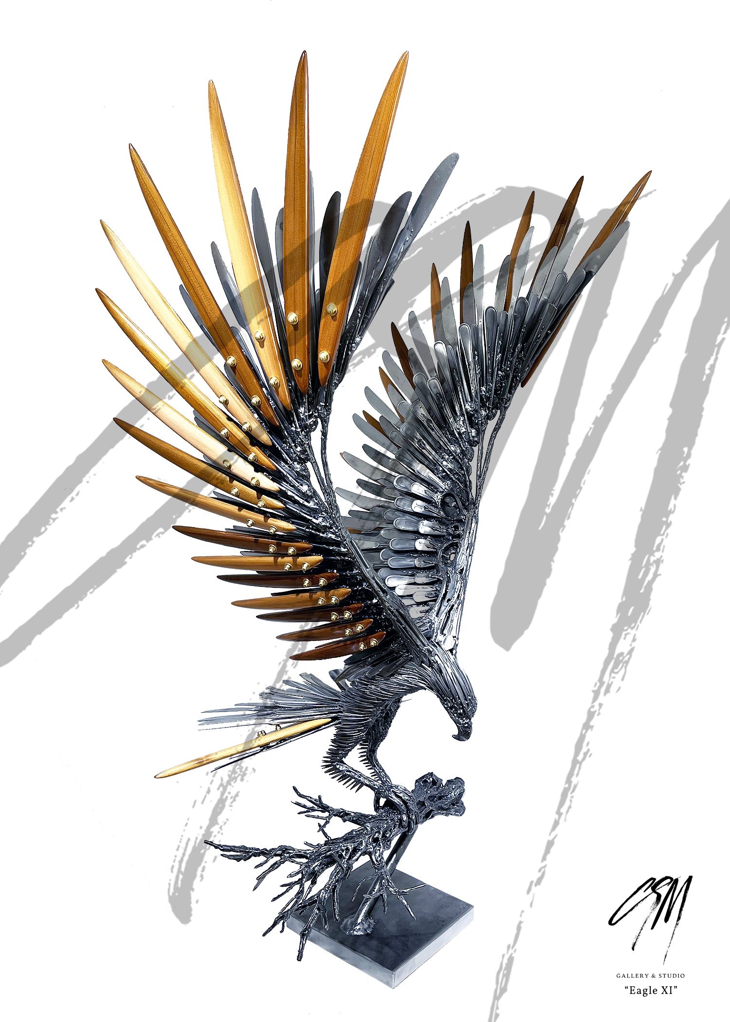 Eagle sculpture with cedar and cutlery feathers, front-right view perched on angled metal branch.
