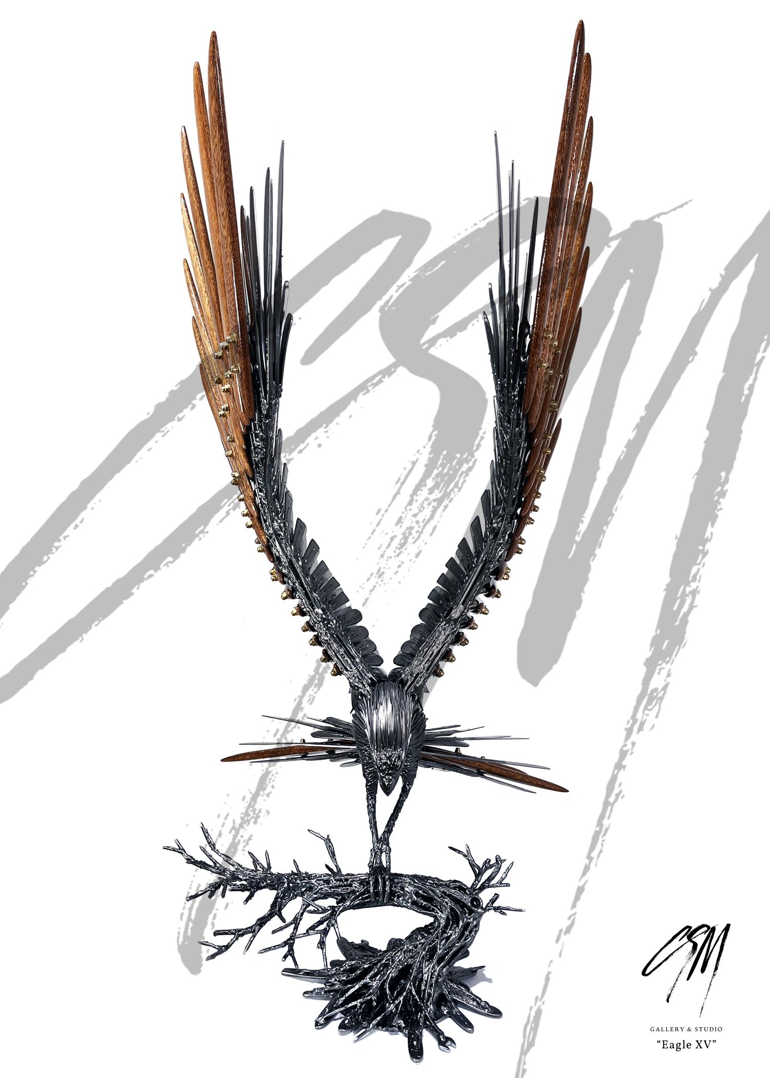 Frontal view of steel eagle sculpture with shaped mahogany wing feathers and metal tree structure.