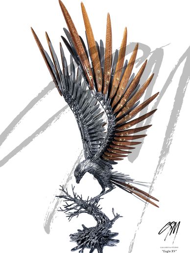 Eagle landing on metal tree, front left view—mahogany wings shaped to mimic layered feathers.