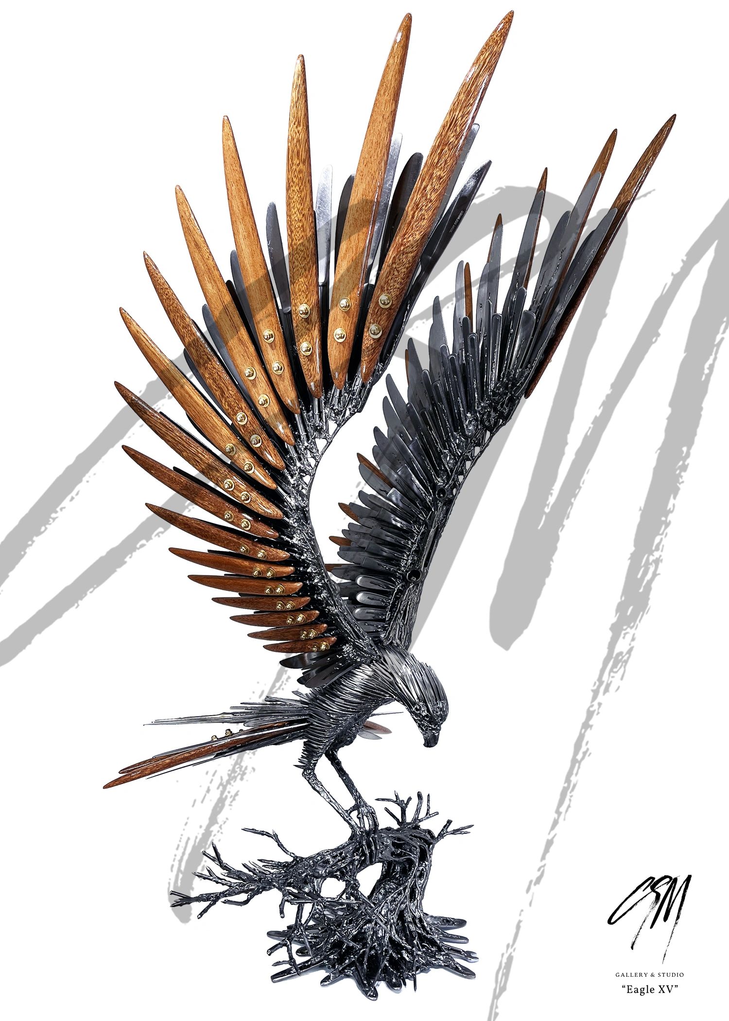 Eagle sculpture viewed from reverse angle, highlighting wing span and sculptural depth.