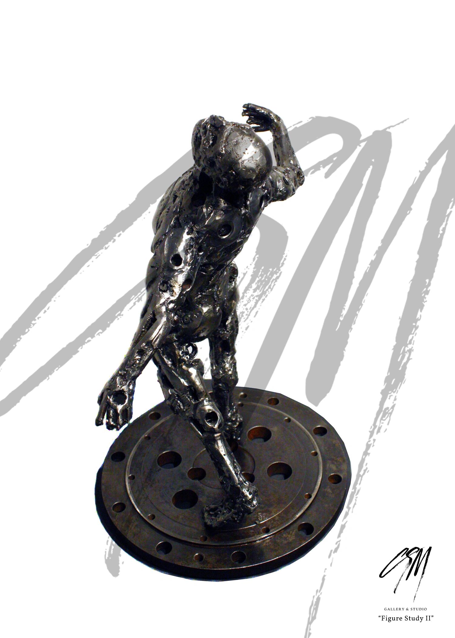 Rear view of all-metal figure sculpture portraying a backward-leaning posture