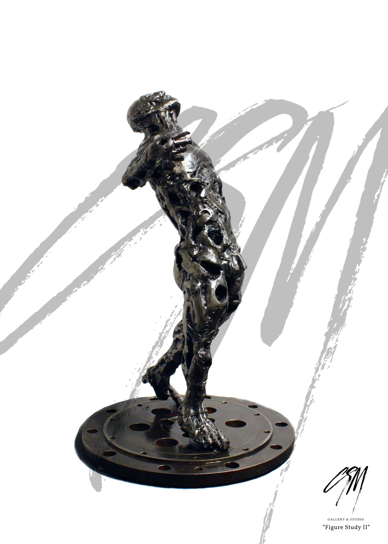 Front right perspective of steel figure study illustrating a backward motion
