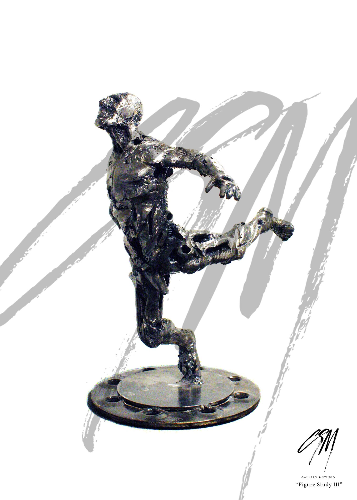 Front left angle of expressive steel figure study depicting motion imbalance