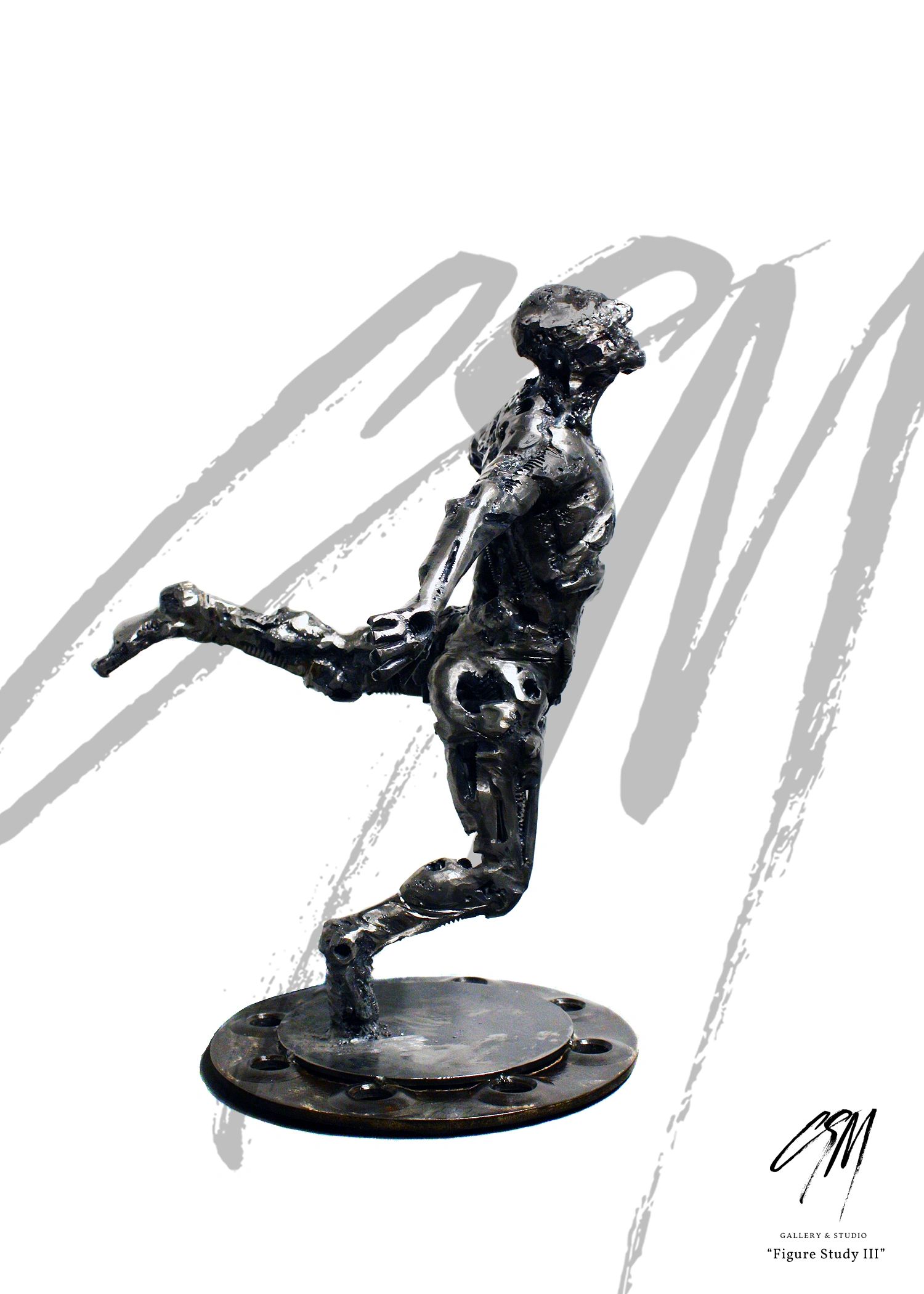 Right-side view of metal figure sculpture illustrating a tripping forward motion
