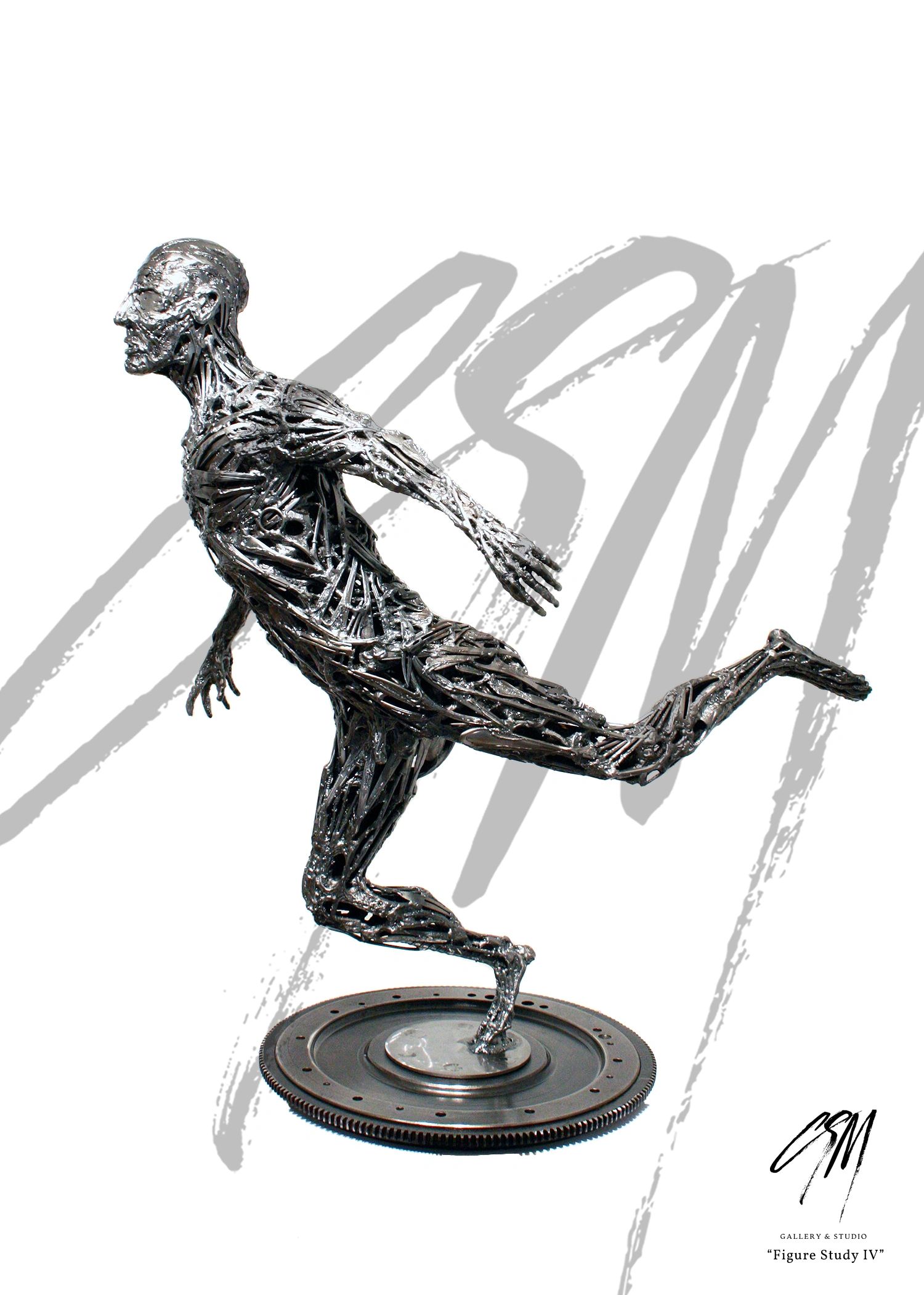 Left-side view of large metal figure sculpture showing muscular flow and leaning motion