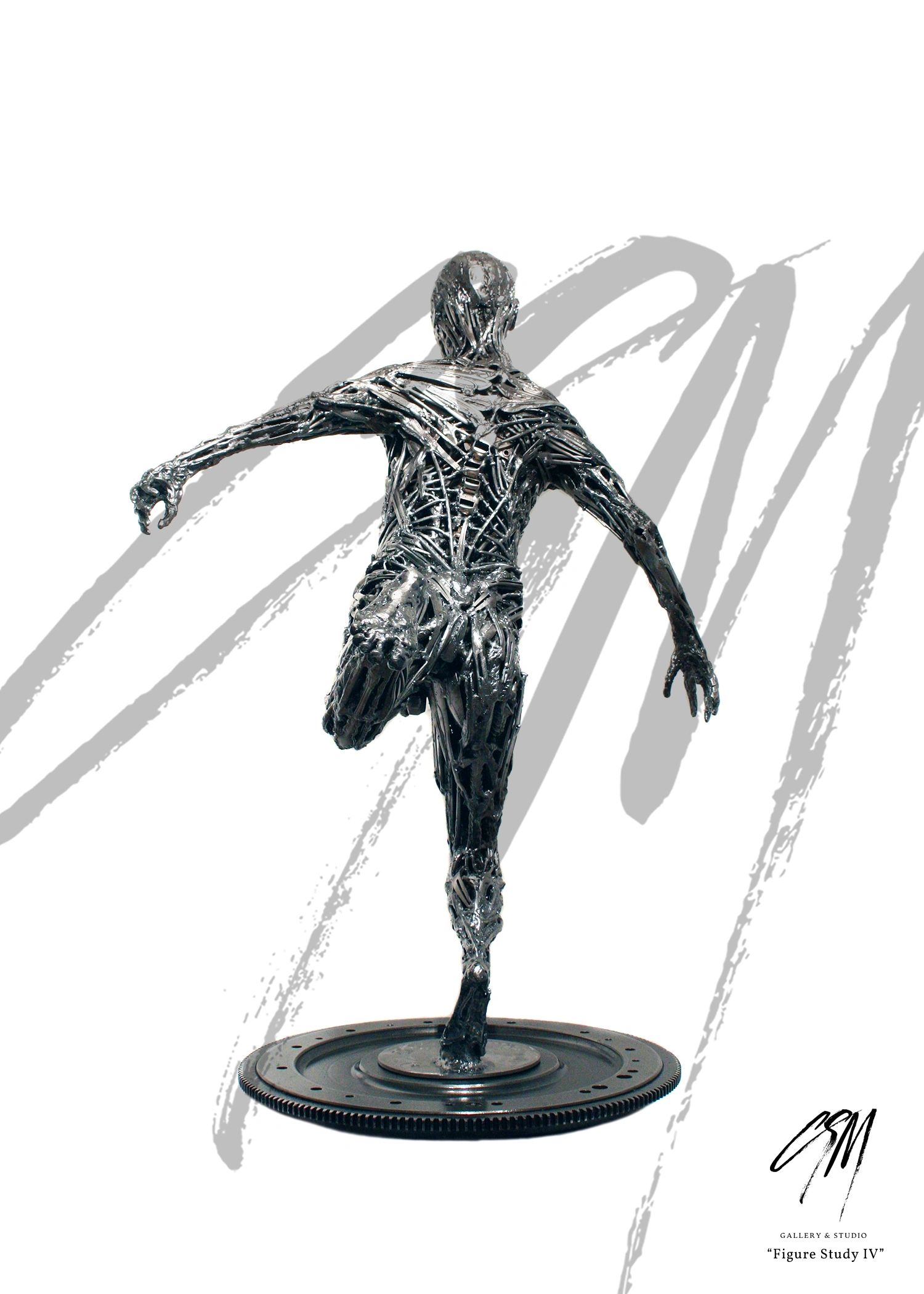 Rear view of anatomical metal figure sculpture emphasizing balance and tension