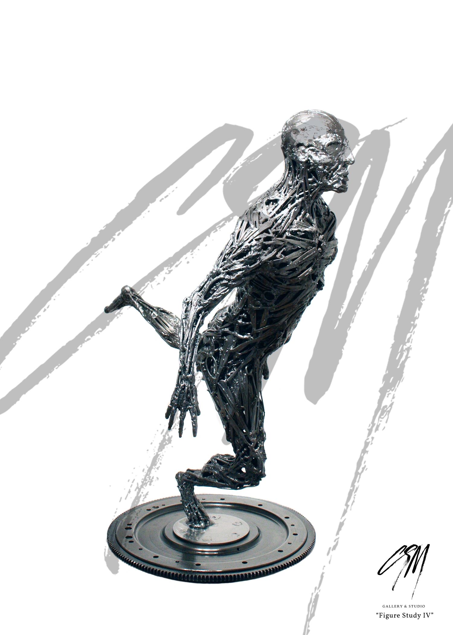 Front right angle of dynamic figure sculpture with detailed muscle-inspired steelwork