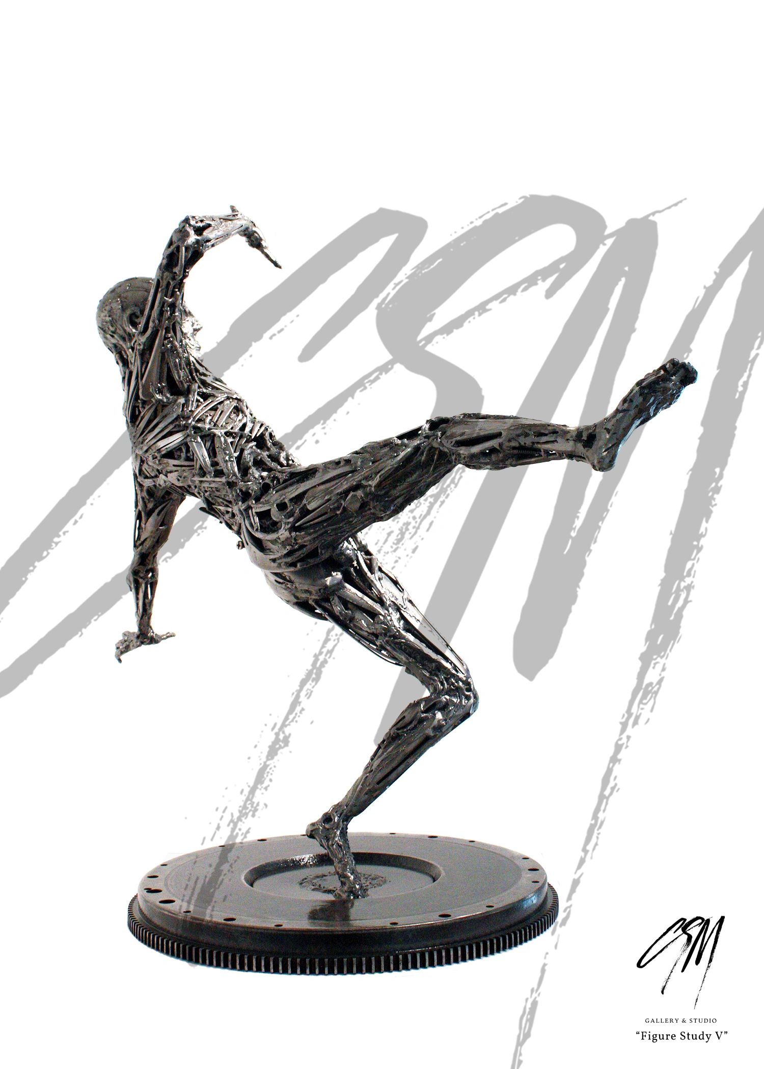 Right side view of metal figure sculpture mimicking dynamic muscular structure and motion