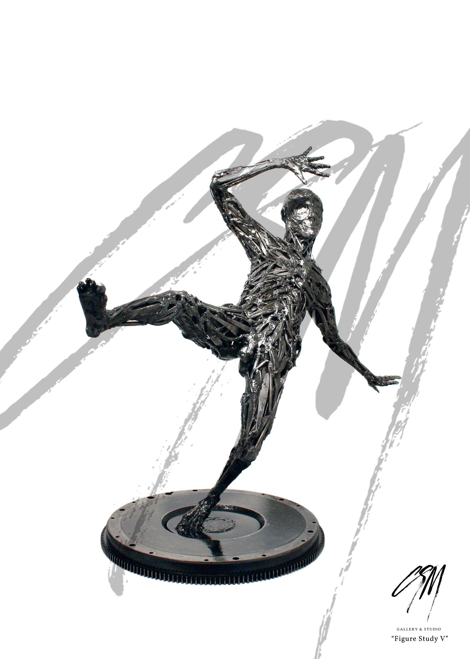 Left front perspective of fused metal figure sculpture capturing fluid anatomical movement