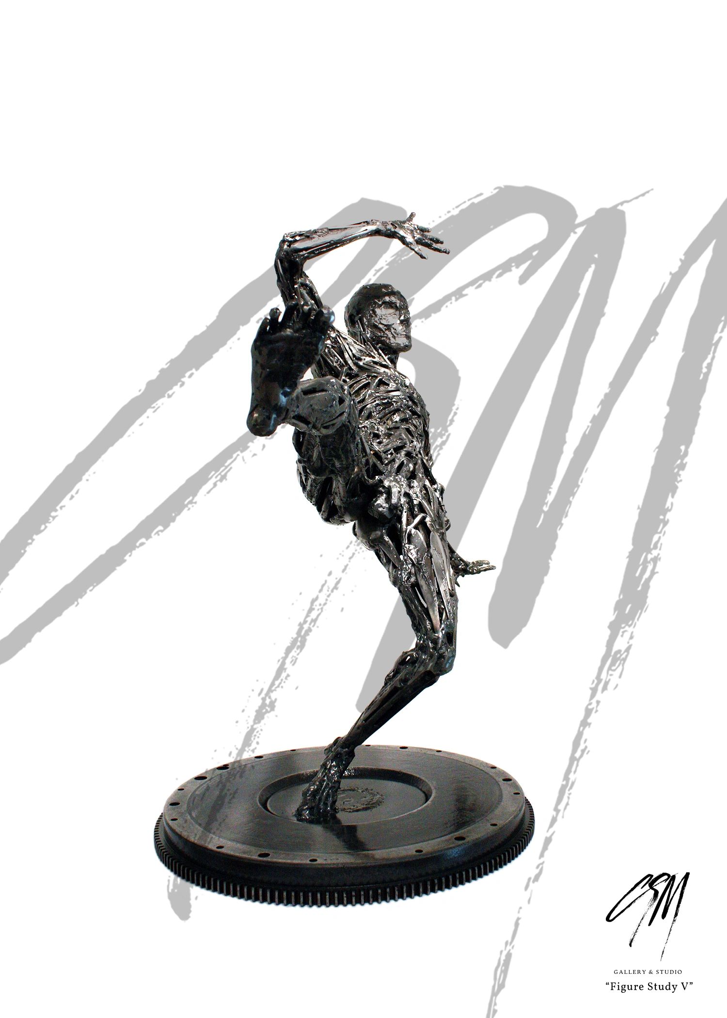 Metal figure study sculpture showing muscular expansion and contraction from front view