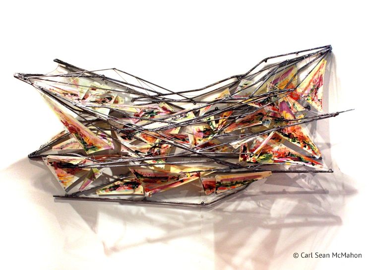 Sculptural painting with layered canvas and metal, reflecting Interior B.C.'s autumn palette