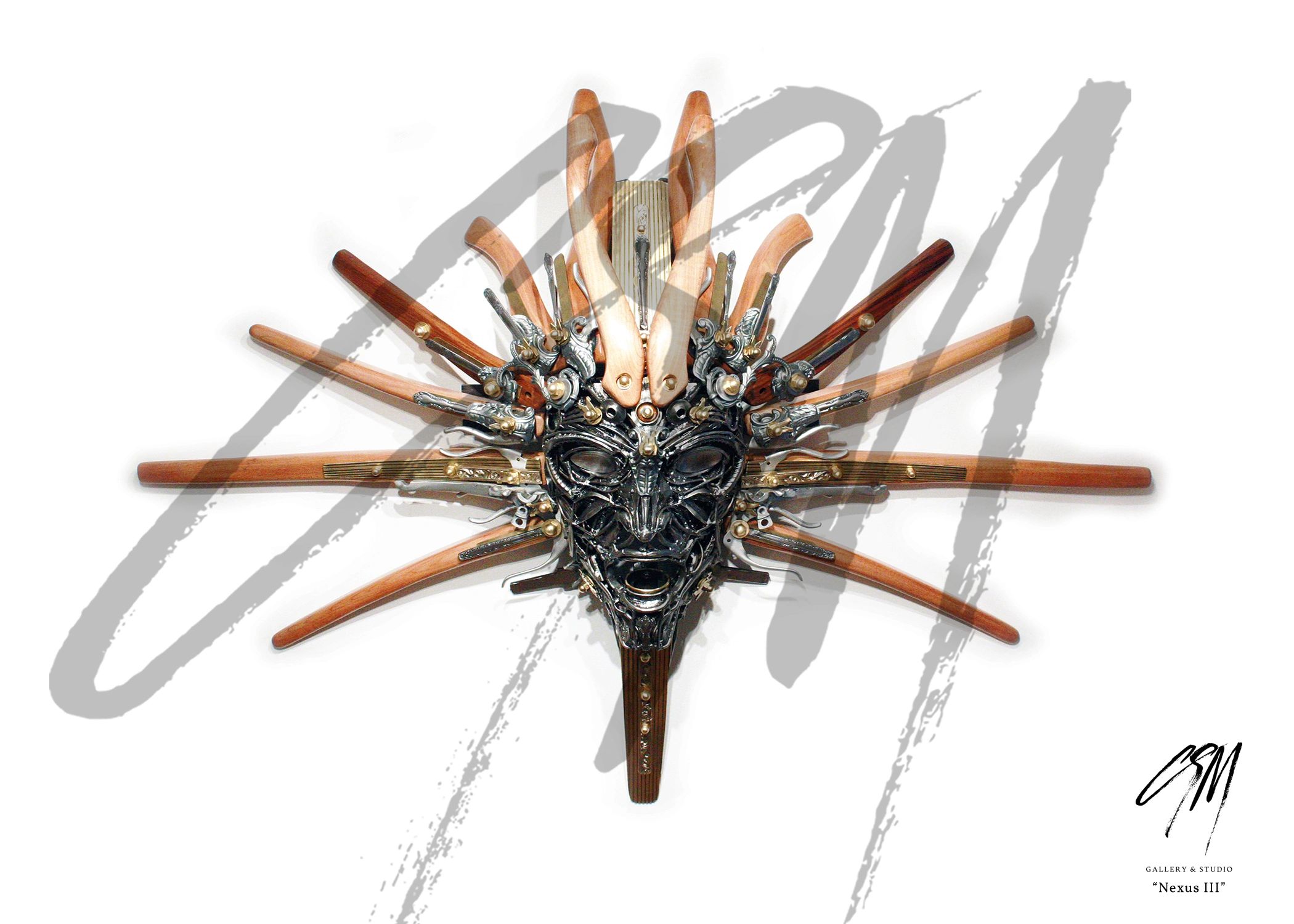 Nexus III mask with oval shape, made from reclaimed steel, brass, and oak and maple wood elements