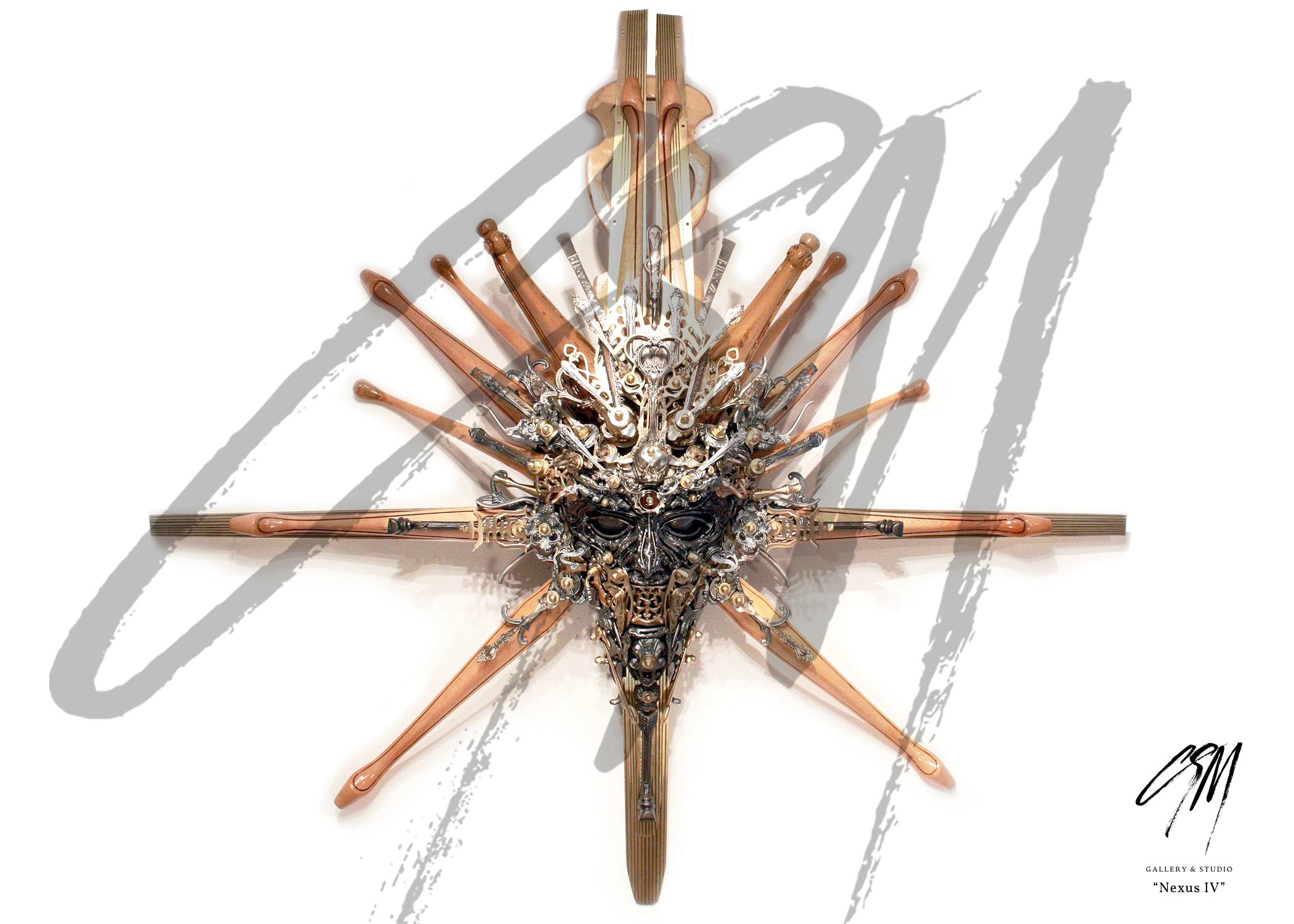 Mask sculpture Nexus IV with ornate chair legs, candlestick holders, brass, and reclaimed metals