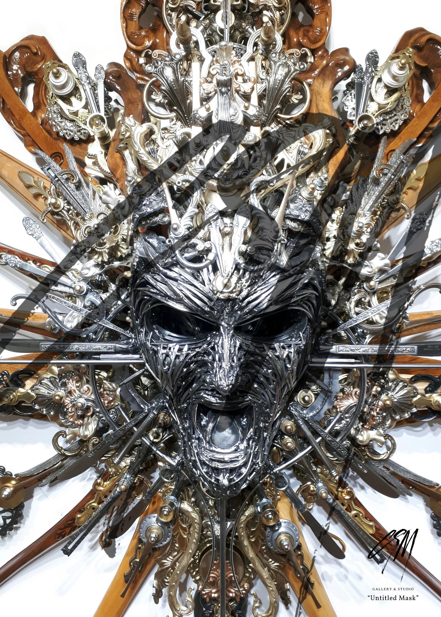 Detail of Untitled Mask showing complex assembly of brass, aluminum, and hardwood in layered design