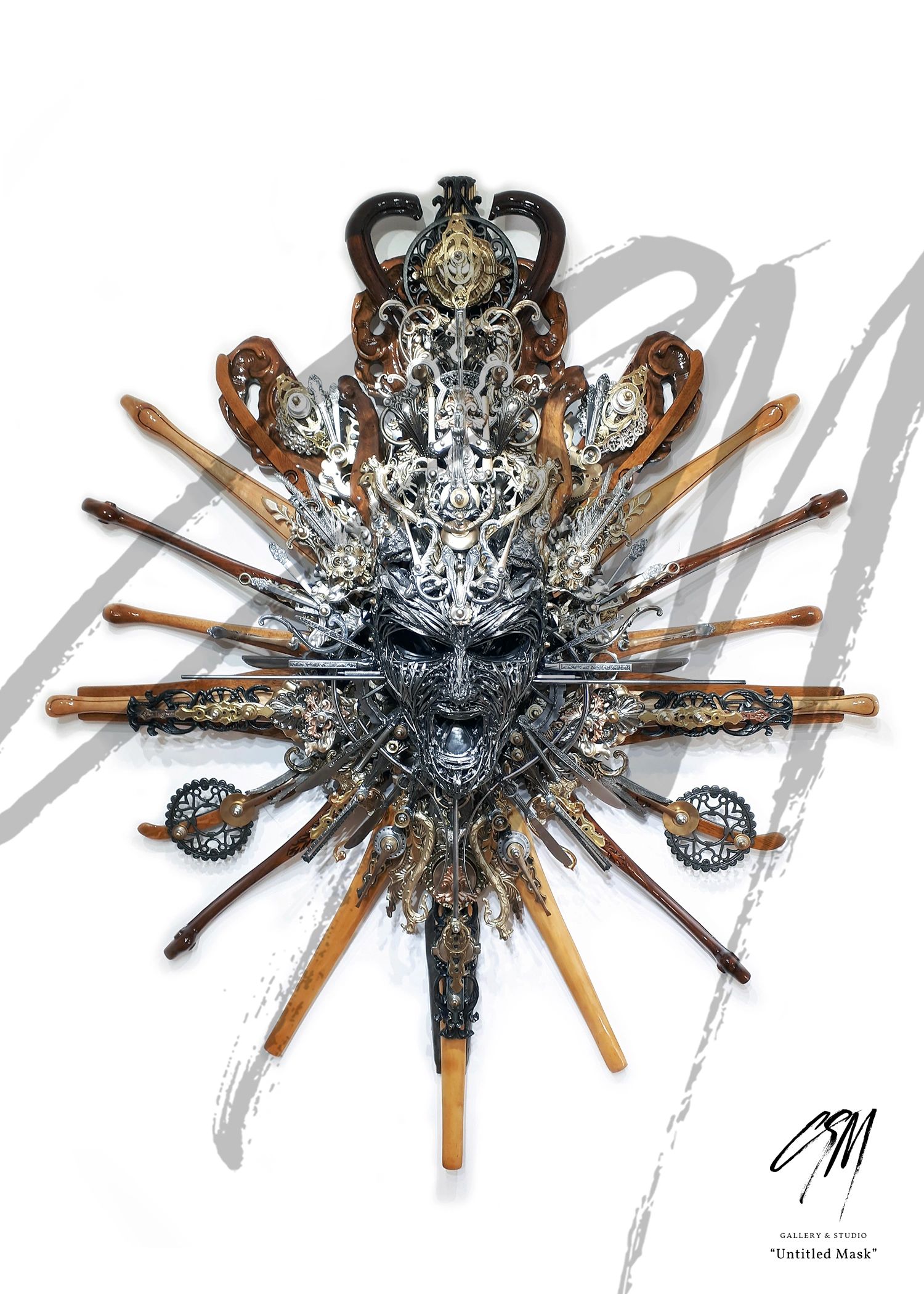 Untitled Mask sculpture with ornate brass, steel, and carved wood in oak, maple, walnut and mahogany