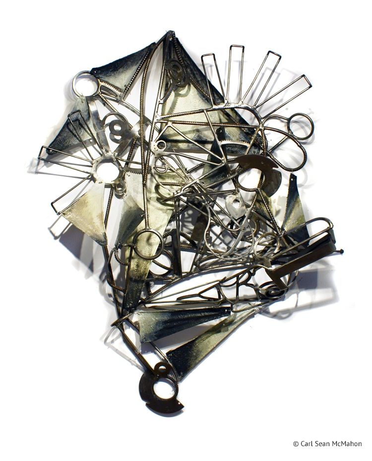 Abstract sculptural painting with balanced neutral tones, metal elements, and painted canvas