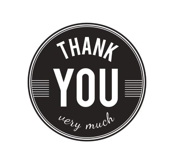 Black and white circle with thank you message.
