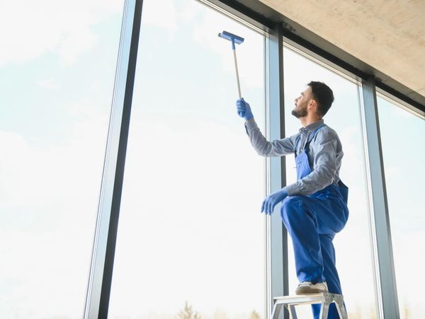 Man in blue overalls cleaning a large window on a ladder.