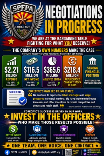 SPFPA Local 825 negotiations infographic showing financial stats and bargaining goals.