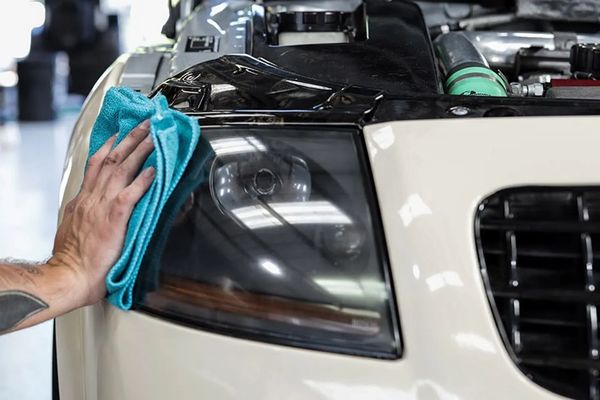 Guy using a blue microfiber towel to wipe off an Audi headlight at the end of headlight restoration