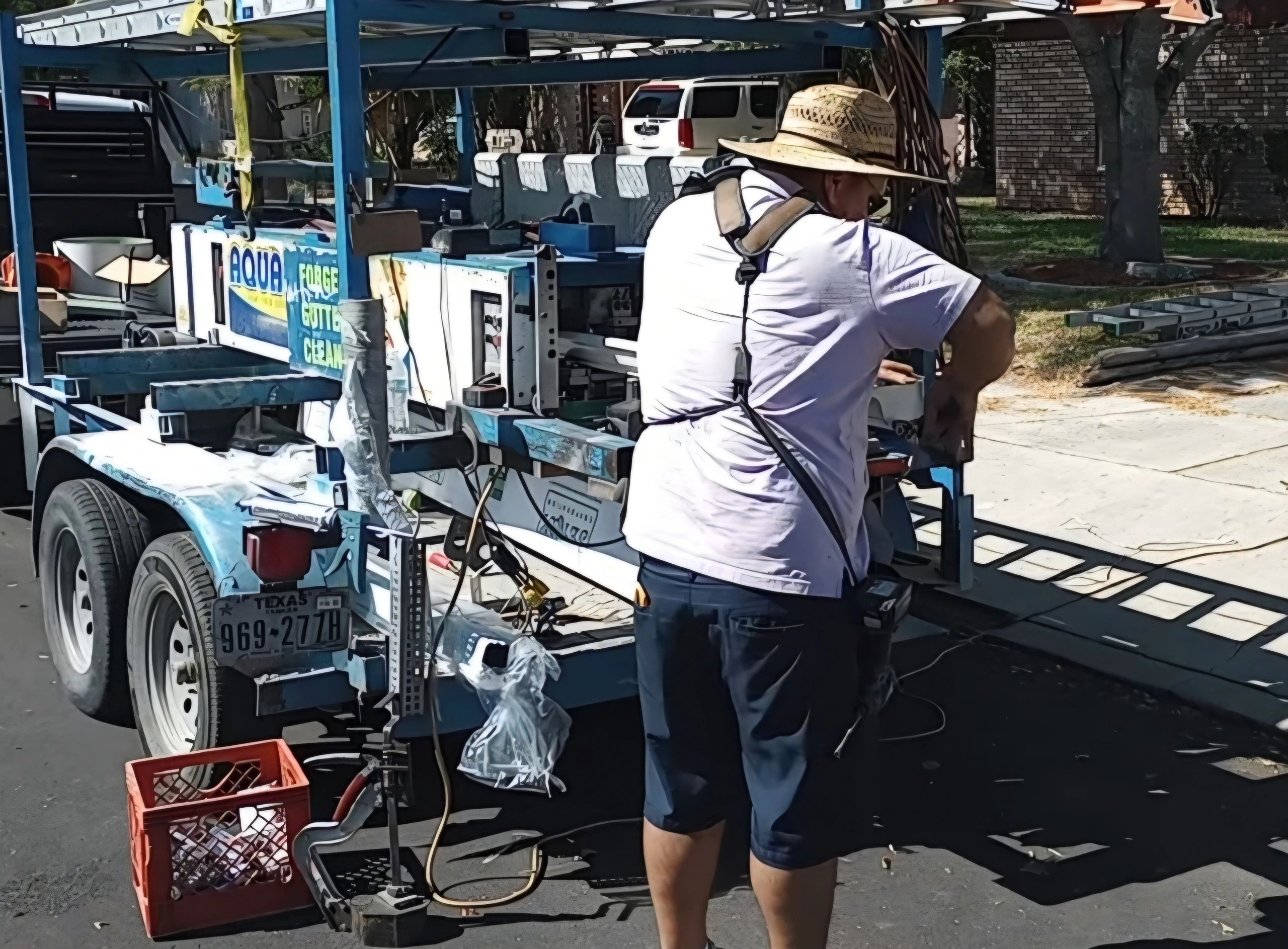 Man working on equipment near a trailer.