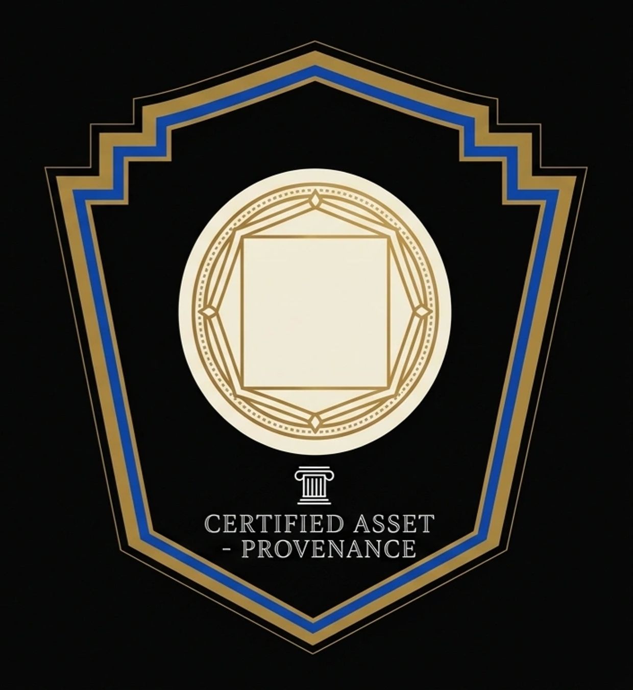 Certified asset provenance badge with gold and blue accents.