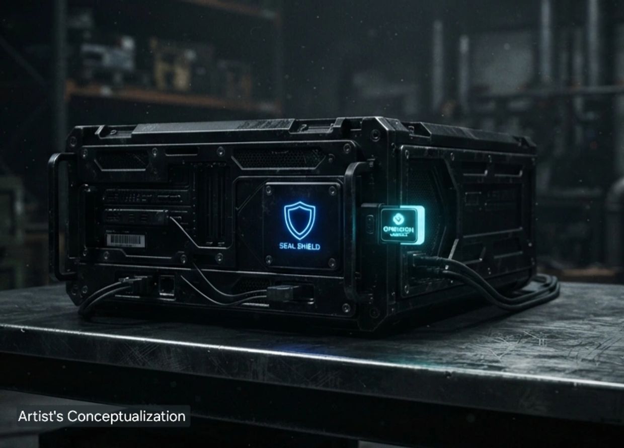 Futuristic secure black box with glowing blue shield symbol.