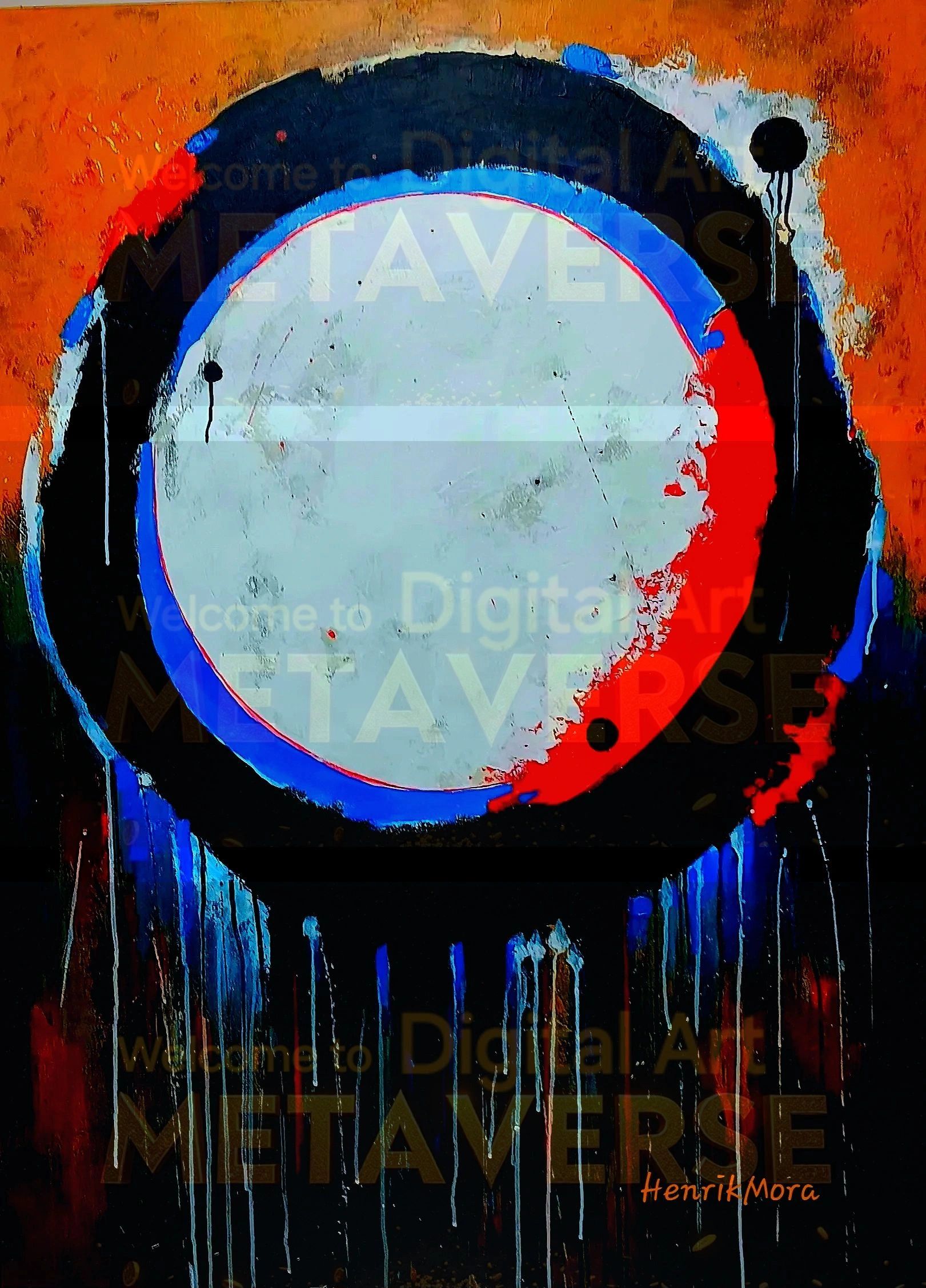 Abstract circular painting with vibrant colors and dripping paint effects.