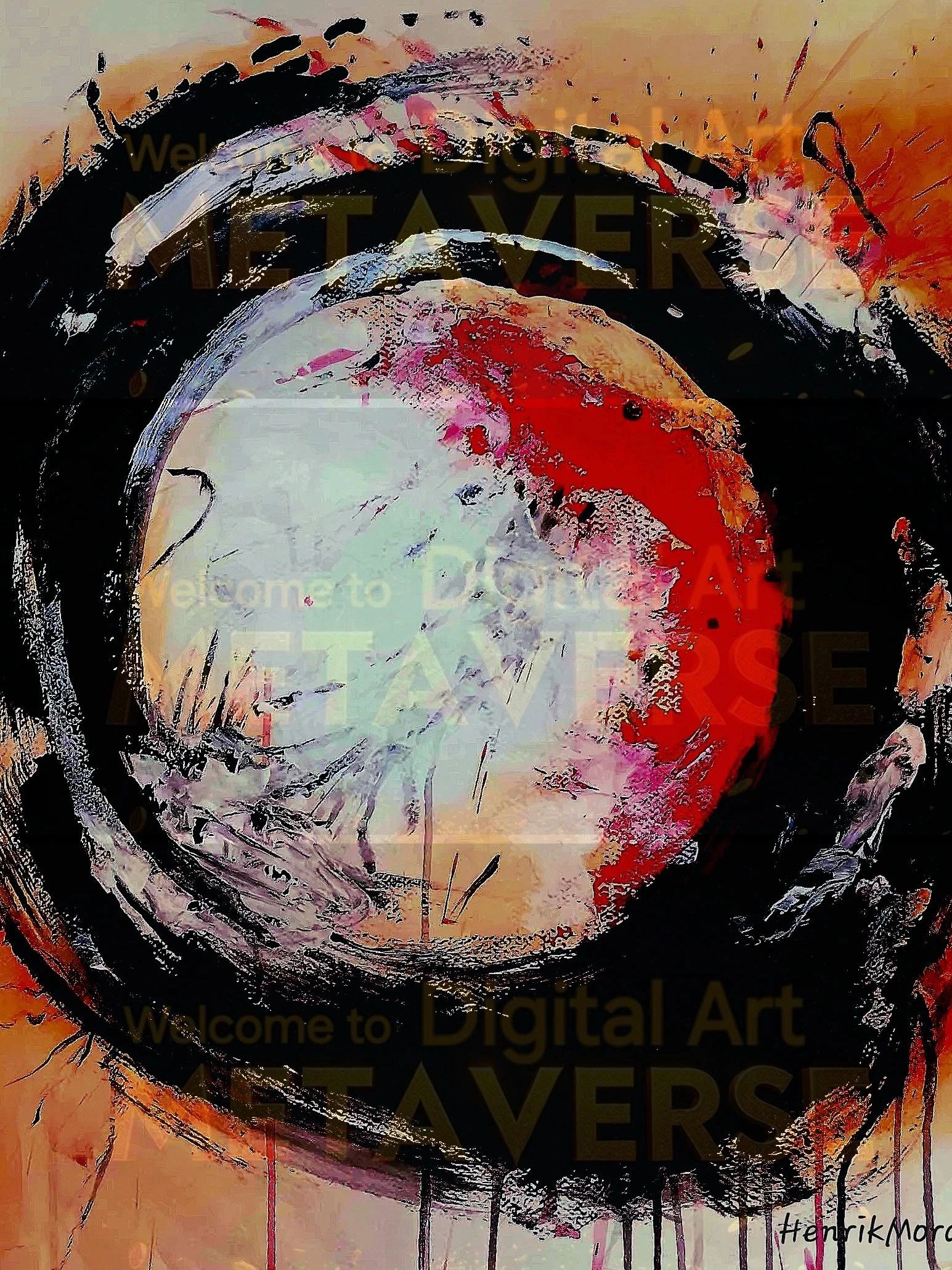 Abstract painting with swirling black and red brush strokes.