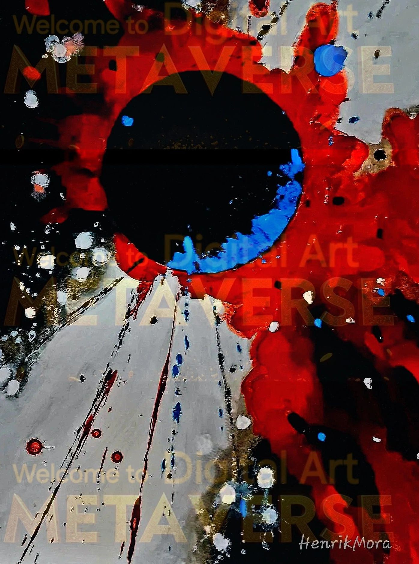 Abstract digital art with bold red, blue, and black colors and METAVERSE text overlay.