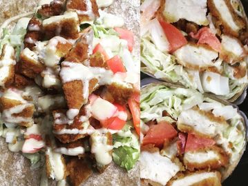 Crunchy chicken, lettuce, tomato in a wholewheat wrap