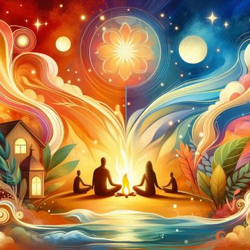 People gathered around a campfire with vibrant, colorful swirling patterns in the sky.