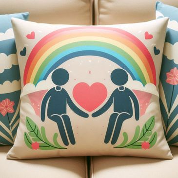 Decorative pillow with two figures holding a heart under a rainbow.