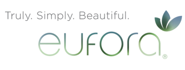 Logo with text 'Truly. Simply. Beautiful.' and the brand name 'eufora' with a leaf design.