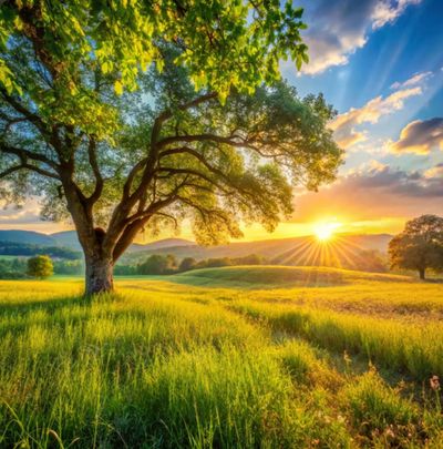 Sunset over a lush green meadow with a large tree in the foreground.