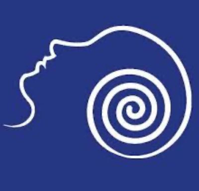 White spiral and face outline on blue background.