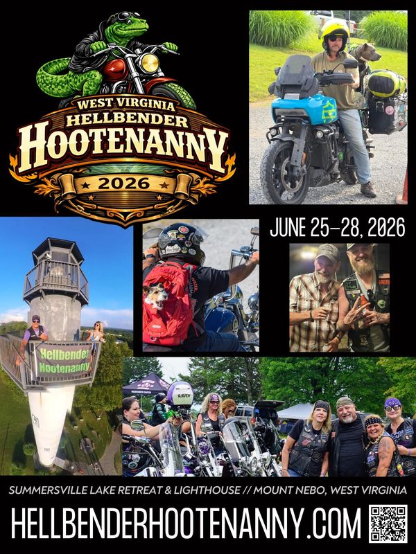 Collage promoting West Virginia Hellbender Hootenanny 2026 motorcycle event with riders and scenic views.