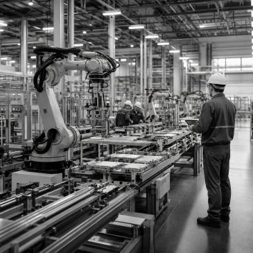 Trabajador supervisa robot en línea de producción industrial.