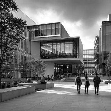 Campus universitario moderno en blanco y negro.
