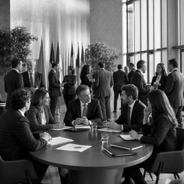 Reunión de negocios en sala con varias personas conversando.