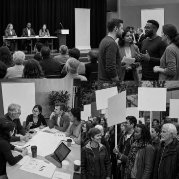 Tres escenas de debate, reunión y protesta social.